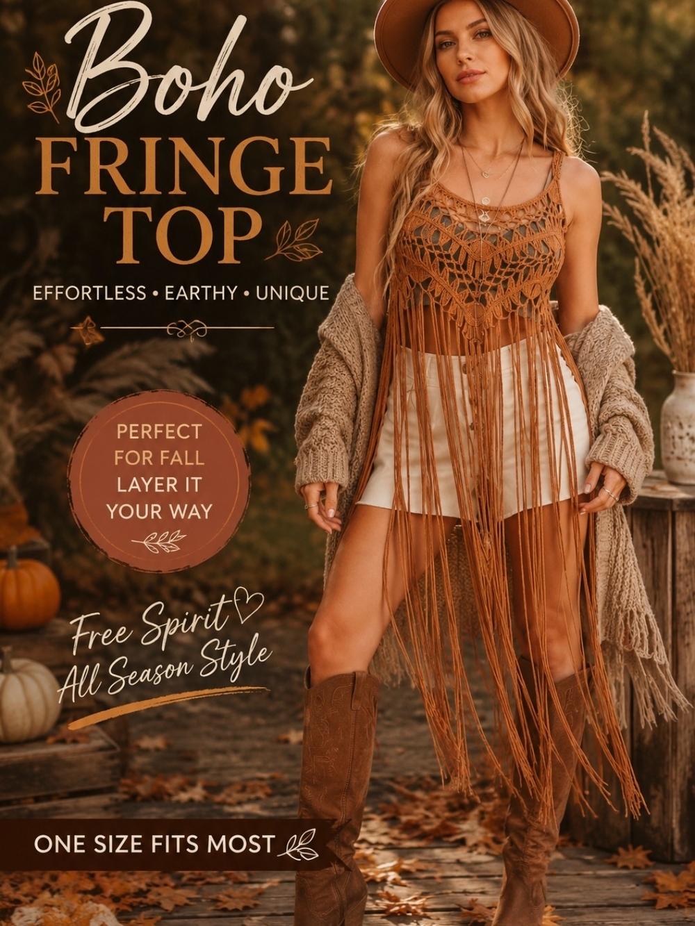 Boho Fringe Tank Top - Rust Brown